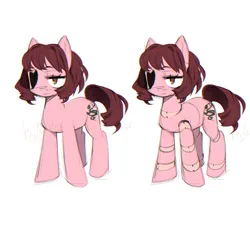 Size: 1488x1353 | Tagged: safe, artist:colorspaint15, derpibooru import, oc, doll pony, earth pony, original species, pony, bedroom eyes, brown mane, curly mane, doll, image, jpeg, one eyed, pink coat, serious, serious face, short mane, simple background, toy, white background, yellow eyes