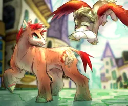 Size: 1200x1000 | Tagged: safe, artist:colorspaint15, derpibooru import, ponified, pegasus, pony, unicorn, g4, angry, anime, annoyed, big pony, blue eyes, canterlot, duo, enji todoroki, fanart, flying, horn, image, jpeg, keigo takami, male, my hero academia, orange coat, red mane, red wings, skull cutie mark, smiling, wings