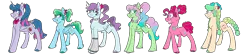 Size: 5000x1080 | Tagged: safe, artist:fuckomcfuck, derpibooru import, oc, oc:dewdrop serenade, oc:neon hurricane, oc:opal echo, oc:otamatone, oc:synthwave spark, oc:twinge, alicorn, earth pony, pegasus, pony, unicorn, crack ship offspring, horn, image, next generation, offspring, parent:applejack, parent:fluttershy, parent:hatsune miku, parent:pinkie pie, parent:rainbow dash, parent:rarity, parent:twilight sparkle, png