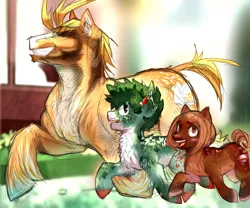 Size: 1200x1000 | Tagged: safe, artist:colorspaint15, derpibooru import, ponified, earth pony, pony, g4, all might, anime, big pony, brown coat, brown mane, chest fluff, female, freckles, green mane, image, izuku midoriya, jpeg, male, mare, my hero academia, ochako uraraka, ponyville, short mane, smiling, spotted, three characters, walking, yellow coat, yellow mane