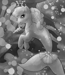 Size: 2000x2300 | Tagged: safe, artist:colorspaint15, derpibooru import, pony, sea pony, seapony (g4), g1, bubble, coral, curly mane, digital art, female, fish tail, flowing tail, grayscale, image, inktober, jewelry, mare, monochrome, necklace, ocean, png, seashell, seashell necklace, smiling, swimming, tail, under the sea, underwater, water, wings