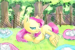 Size: 3000x2000 | Tagged: safe, artist:colorspaint15, derpibooru import, fluttershy, pegasus, pony, rabbit, g4, animal, digital art, forest, grass, image, jpeg, nature, sleepy, tree, wings