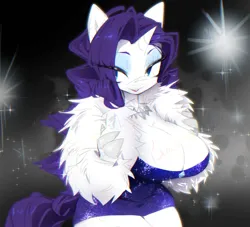 Size: 1488x1353 | Tagged: suggestive, artist:colorspaint15, derpibooru import, rarity, anthro, unicorn, g4, bedroom eyes, big breasts, black background, blue eyeshadow, breasts, busty rarity, cleavage, clothes, curvy, dress, eyeshadow, female, flashing lights, fluffy jacket, glitter, glitter dress, horn, image, jewelry, jpeg, makeup, necklace, short dress, simple background, smiling, solo, solo female, thicc thighs