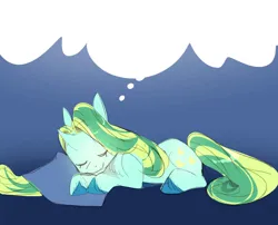 Size: 1240x1002 | Tagged: safe, artist:colorspaint15, derpibooru import, pony, unicorn, g4, blue background, cloud, green mane, horn, image, jpeg, long mane, magiki, mint coat, moon cutie mark, pillow, simple background, sleeping, smiling, yellow streak