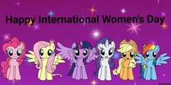 Size: 1005x500 | Tagged: safe, artist:morandante, derpibooru import, applejack, fluttershy, pinkie pie, rainbow dash, rarity, twilight sparkle, twilight sparkle (alicorn), alicorn, earth pony, pegasus, pony, unicorn, g4, female, horn, image, international women's day, jpeg, looking at you, mane six, mare, spread wings, wings