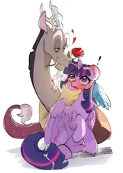 Size: 1280x1811 | Tagged: safe, artist:riukime, derpibooru import, discord, twilight sparkle, twilight sparkle (alicorn), alicorn, draconequus, pony, g4, blushing, exclamation point, female, flower, holiday, image, jpeg, male, mouth hold, raised hoof, ship:discolight, shipping, simple background, straight, stupid sexy discord, valentine's day, valentine's day 2025, white background