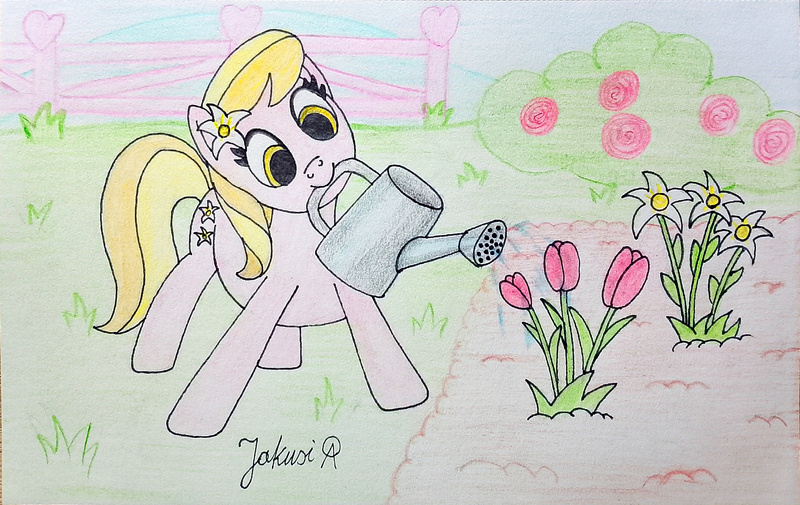 Size: 3264x2061 | Tagged: safe, artist:jakusi, ponerpics import, lily, lily valley, earth pony, pony, background pony, bush, female, fence, flower, flower in hair, garden, image, jpeg, mare, mouth hold, rose, signature, solo, traditional art, tulip, watering can