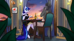 Size: 2560x1440 | Tagged: safe, artist:warest, derpibooru import, oc, oc:snowflake flower, unofficial characters only, anthro, pegasus, unguligrade anthro, alcohol, bottle, candle, chair, champagne, clothes, cloud, commissioner:nonamebanana, dinner, dishes, dress, female, furry, furry oc, gray skin, image, laughing, leaf, light skin, png, restaurant, romantic, smiling, sunset, table, talking, window, wine, wine bottle