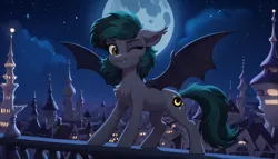 Size: 2688x1536 | Tagged: safe, machine learning generated, prompter:star streaker, bat pony, pony, bat wings, canterlot, cloud, female, generator:pony diffusion v6 xl, image, looking at you, moon, night, one eye closed, png, skyline, solo, solo female, spread wings, stars, wings, wink, winking at you