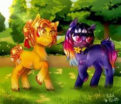 Size: 3209x2762 | Tagged: safe, artist:pastelpalette, derpibooru import, oc, oc:lumina, oc:marigold, pony, background, big eyes, couple, crush, cute, female, females only, flower, image, jpeg, lesbian, love, mare, shipping, shy, yellow coat