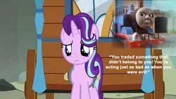 Size: 1000x563 | Tagged: safe, derpibooru import, edit, edited screencap, editor:incredibubbleirishguy, screencap, starlight glimmer, g4, road to friendship, season 8, spoiler:s08, echo, flashback, guilty, image, my little pony, png, regret, remorse, thomas and friends, thomas the tank engine, voice, voice echoing in head