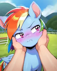 Size: 1024x1280 | Tagged: safe, generator:noobaicyberfix, machine learning generated, prompter:bendy and boney, rainbow dash, human, pegasus, pony, g4, cute, female, grumpy, human on pony petting, human pov, image, male, mare, offscreen character, petting, png, pov, squishy cheeks, tsunderainbow, tsundere