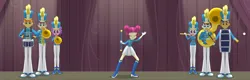 Size: 3364x1080 | Tagged: safe, composite screencap, derpibooru import, edit, edited screencap, screencap, majorette, sweeten sour, human, equestria girls, g4, azura wrap, bass drum, baton switch, baton twirler, boots, clothes, cranberry mint, drums, female, flute, gloves, golden brass, hat, image, male, marching band uniform, melody flight, musical instrument, my little pony equestria girls: friendship games, pants, png, pumpkin treat, shoes, skirt, sousaphone, trombone, trumpet, tuba, uniform, woody winds