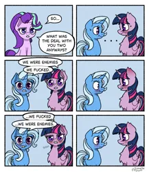 Size: 2500x2878 | Tagged: safe, artist:simpledoggo, derpibooru import, starlight glimmer, trixie, twilight sparkle, twilight sparkle (alicorn), alicorn, pony, unicorn, g4, ..., blushing, chest fluff, comic, female, grin, gritted teeth, horn, image, implied sex, jpeg, lesbian, male, mare, open mouth, shipping, smiling, speech bubble, sweat, sweatdrop, teeth, trio, trio female, twixie, vulgar