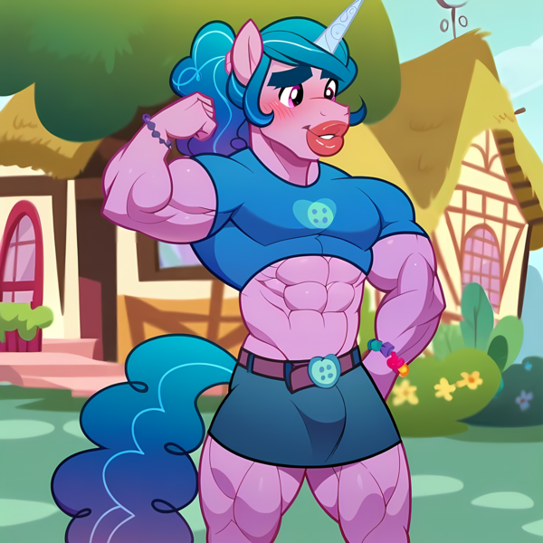 Size: 4096x4096 | Tagged: suggestive, ai content, anonymous prompter, machine learning generated, izzy moonbow, anthro, unicorn, g5, abs, absurd resolution, belt, big lips, blushing, bracelet, clothes, crotch bulge, flexing, generator:purplesmart.ai, horn, image, isaac crestie, jewelry, male, muscles, muscular male, outdoors, png, ponytail, ponyville, pose, rule 63, skirt, smiling, solo, solo male, tail, thick eyebrows