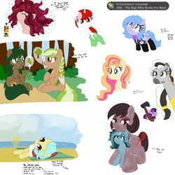 Size: 2000x2000 | Tagged: safe, artist:mariculture, ponerpics import, twilight sparkle, oc, oc:alaska (reddthebat), oc:anon, oc:bombshell, oc:crimm harmony, oc:lucky roll, oc:matriarch zeg'us, oc:number nine, oc:pine shine, oc:righty tighty, oc:sylvia evergreen, bat pony, earth pony, pegasus, pony, unicorn, zebra, axe, bat pony oc, bat wings, beach, bowtie, bush, cigarette, clothes, dirty, disembodied hand, female, folded wings, hand, holding hooves, image, long neck, looking at you, lumberjack, mare, ocean, ooo, png, shampoo, simple background, sitting, size difference, smoking, socks, speech bubble, text, tree, twiggie, vest, weapon, wet, wet mane, white background, wings