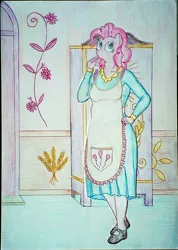 Size: 2807x3942 | Tagged: safe, artist:mildgyth, derpibooru import, pinkie pie, anthro, plantigrade anthro, ziragshabdarverse, g4, apron, clothes, dress, image, jpeg, kitchen, refrigerator, shoes, socks, solo, stockings, sugarcube corner, thigh highs, traditional art