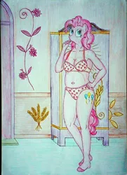 Size: 2919x4040 | Tagged: suggestive, alternate version, artist:mildgyth, derpibooru import, pinkie pie, anthro, plantigrade anthro, ziragshabdarverse, g4, bra, clothes, female, heart, heart print underwear, hoof feet, image, jpeg, kitchen, panties, refrigerator, solo, solo female, sugarcube corner, underwear
