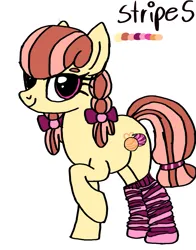 Size: 735x939 | Tagged: safe, artist:maremaxxer, ponerpics import, oc, oc:stripes, earth pony, pony, bow, clothes, female, highlights, image, mare, orange mane, photo, pigtails, pink eyes, png, reference sheet, simple background, socks, solo, tied tail, yellow coat