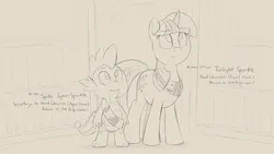 Size: 3840x2160 | Tagged: safe, artist:dtcx97, derpibooru import, spike, twilight sparkle, dragon, pony, unicorn, g4, alternate universe, duo, duo male and female, female, horn, image, male, mare, monochrome, png, sketch, standing, unicorn twilight