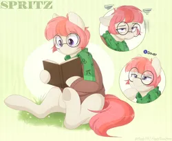 Size: 1800x1471 | Tagged: safe, artist:higgly-chan, derpibooru import, oc, oc:spritz, unofficial characters only, earth pony, pony, bags under eyes, book, bust, clothes, eye clipping through hair, floppy ears, full body, glasses, grass, holding, hoof on chin, image, lidded eyes, male, png, portrait, press x to doubt, reading, scarf, sitting, solo, squint, stallion, sweater, tired