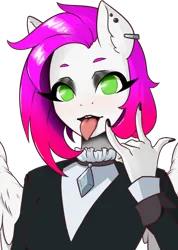 Size: 658x923 | Tagged: safe, artist:centoria, derpibooru import, oc, oc:ellie berryheart, unofficial characters only, anthro, pegasus, pony, black, black eyeshadow, clothes, ear piercing, earring, eyeshadow, female, gothic, green eyes, image, jewelry, lipstick, makeup, nails, necklace, piercing, png, rock, rock and roll, simple background, solo, tongue out, transparent background, white wings, wings