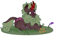 Size: 720x465 | Tagged: safe, alternate version, artist:arsonrabbit, derpibooru import, oc, oc:river embers, unofficial characters only, butterfly, insect, kirin, g4, brown coat, cloven hooves, digital art, grass, green eyes, green hair, green mane, green tail, hooves, horn, image, kirin oc, lavender, looking back, lying down, male, non-pony oc, png, purple scales, scales, signature, simple background, solo, tail, transparent background