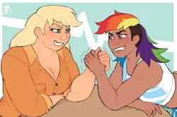 Size: 1746x1156 | Tagged: safe, artist:greenarsonist, derpibooru import, applejack, rainbow dash, human, g4, appledash, arm wrestling, clothes, competition, female, freckles, grin, humanized, image, lesbian, long hair, muscles, muscular female, png, shipping, smiling, sports bra, sweat, sweatdrop