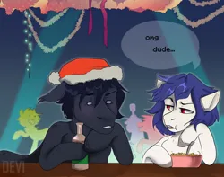 Size: 1280x1010 | Tagged: safe, artist:dodo, derpibooru import, oc, unofficial characters only, pegasus, pony, alcohol, blushing, christmas, commission, dialogue, drink, duo, eating, food, hat, holiday, image, jpeg, male, party, santa hat, speech bubble, stallion