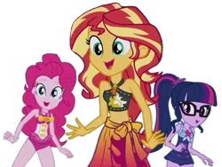 Size: 954x716 | Tagged: safe, derpibooru import, edit, edited screencap, editor:jacksontormbaymaz, screencap, pinkie pie, sci-twi, sunset shimmer, twilight sparkle, human, equestria girls, equestria girls series, g4, x marks the spot, background removed, belly, belly button, bikini, bikini top, clothes, female, geode of empathy, geode of sugar bombs, geode of telekinesis, glasses, image, jewelry, leather, leather bikini, magical geodes, midriff, my little pony equestria girls: better together, necklace, one-piece swimsuit, open mouth, open smile, pinkie pie swimsuit, png, ponytail, sarong, sci-twi swimsuit, simple background, smiling, sunset shimmer's beach shorts swimsuit, swimsuit, teenager, transparent background, trio, trio female