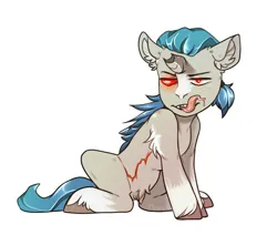 Size: 1075x912 | Tagged: safe, artist:dodo, derpibooru import, oc, unofficial characters only, pony, unicorn, broken horn, female, horn, image, long tongue, mare, png, red eyes, sharp teeth, solo, teeth, tongue out, unshorn fetlocks