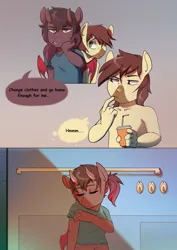 Size: 905x1280 | Tagged: safe, artist:dodo, derpibooru import, oc, unofficial characters only, anthro, dracony, dragon, earth pony, hybrid, comic:sunny day (devi shade), changing room, clothes, coffee cup, comic, cup, dialogue, female, horns, image, jpeg, male, shirt, speech bubble, t-shirt