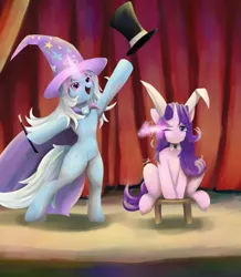 Size: 643x738 | Tagged: safe, artist:yenne_sistint, derpibooru import, starlight glimmer, trixie, pony, unicorn, g4, action pose, couple, duo, duo female, female, females only, happy, horn, image, jpeg, lesbian, looking at you, magic trick, open mouth, scenery, shipping, startrix