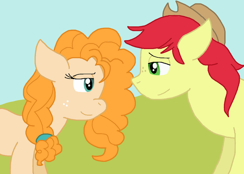 Size: 1141x816 | Tagged: safe, artist:cmara, derpibooru import, bright mac, pear butter, earth pony, pony, g4, couple, female, image, looking at each other, looking at someone, male, mare, png, smiling, stallion