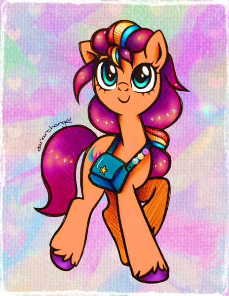 Size: 2300x2977 | Tagged: safe, artist:dariarchangel, derpibooru import, sunny starscout, earth pony, pony, g5, my little pony: tell your tale, abstract background, adorable face, badge, bag, brooch, c:, colored hooves, cute, cute face, cute smile, cutie mark accessory, cutie mark brooch, female, happy, heart, hooves, image, jewelry, leg fluff, long mane, mane stripe sunny, mare, multicolored hair, multicolored mane, orange coat, png, raised hoof, saddle bag, smiling, solo, standing, standing on two hooves, stars, sunny's bag, sunnybetes, sweet dreams fuel, teal eyes, traditional art, unshorn fetlocks, weapons-grade cute