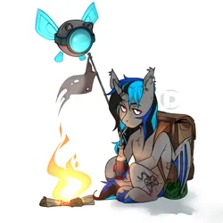 Size: 1024x1024 | Tagged: safe, artist:dodo, derpibooru import, oc, alicorn, bat pony, bat pony alicorn, pony, robot, backpack, bat wings, campfire, eye scar, facial scar, female, horn, image, mare, nuka cola, png, scar, simple background, sitting, solo, white background, wings