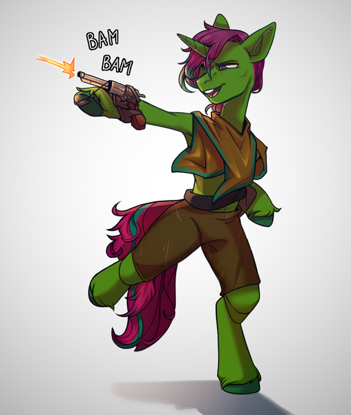 Size: 1026x1212 | Tagged: safe, artist:dodo, derpibooru import, oc, semi-anthro, unicorn, clothes, gun, handgun, horn, image, png, revolver, shooting, simple background, solo, weapon