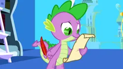 Size: 1920x1080 | Tagged: safe, derpibooru import, screencap, spike, dragon, friendship is magic, g4, bookshelf, feather, image, ladder, letter, male, my little pony, paper, parchment, png, quill, solo, twilight's canterlot home, window