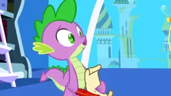 Size: 1920x1080 | Tagged: safe, derpibooru import, screencap, spike, dragon, friendship is magic, g4, bookshelf, feather, image, ladder, letter, male, my little pony, paper, parchment, png, quill, solo, twilight's canterlot home, window