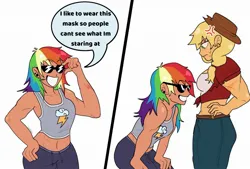 Size: 2096x1415 | Tagged: suggestive, artist:ssuminv, derpibooru import, applejack, rainbow dash, human, g4, annoyed, appledash, breasts, comic, cross-popping veins, dialogue, ear piercing, earring, emanata, eyebrows, eyebrows visible through hair, female, humanized, image, jewelry, jpeg, lesbian, muscles, muscular female, piercing, shipping, speech bubble, sunglasses, sweat