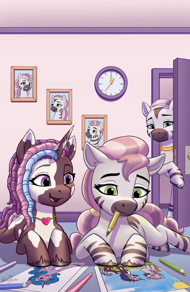 Size: 1920x2946 | Tagged: safe, alternate version, artist:robin jacks, derpibooru import, idw, izzy moonbow, violette rainbow, pony, unicorn, zebra, g5, 2025, aloysius, clock, colored pencils, door, doorway, drawing, dreadlocks, duo focus, female, filly, foal, horn, image, indoors, jewelry, jpeg, lidded eyes, looking down, lying down, mare, mariama, mouth hold, my little pony: skye's secret, necklace, open mouth, open smile, picture, picture frame, prone, signature, skye, smiling, tail, textless, textless version, trio, trio female, unshorn fetlocks, vitiligo, watching