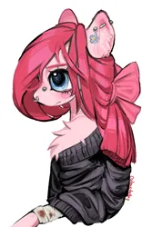 Size: 536x857 | Tagged: safe, artist:calmstate2, derpibooru import, pinkie pie, anthro, earth pony, g4, alternate hairstyle, bridge piercing, chest fluff, clothes, ear piercing, earring, female, image, jewelry, nose piercing, nose ring, piercing, png, simple background, solo, white background