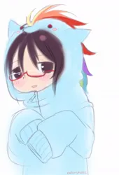 Size: 684x1004 | Tagged: safe, artist:calmstate2, derpibooru import, rainbow dash, human, g4, anime, blushing, clothes, female, glasses, homura akemi, hoodie, image, jpeg, magical girl, puella magi madoka magica, simple background, solo, white background