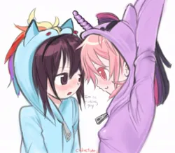 Size: 964x839 | Tagged: safe, artist:calmstate2, derpibooru import, rainbow dash, twilight sparkle, human, g4, anime, blushing, clothes, duo, female, homura akemi, hoodie, image, jpeg, lesbian, madoka kaname, magical girl, puella magi madoka magica, shipping, vulgar