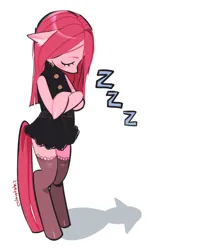 Size: 714x896 | Tagged: safe, artist:calmstate2, derpibooru import, pinkie pie, earth pony, semi-anthro, g4, arm hooves, clothes, crossed arms, dress, female, image, onomatopoeia, pinkamena diane pie, png, simple background, sleeping, sleeping while standing, socks, solo, sound effects, thigh highs, white background, zzz