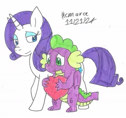 Size: 1157x1081 | Tagged: safe, artist:cmara, derpibooru import, rarity, spike, dragon, pony, unicorn, g4, cute, duo, duo male and female, female, folded wings, heart, horn, image, jpeg, male, shipping, simple background, smiling, sparity, straight, tail, white background, winged spike, wings