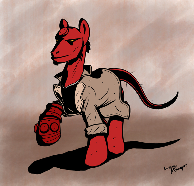 Size: 1130x1080 | Tagged: safe, artist:lunarapologist, derpibooru import, ponified, original species, pony, unicorn, black and red, clothes, creepy, hellboy, hellpony, horn, image, jpeg, male, rule 85, solo, stallion
