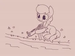 Size: 2000x1500 | Tagged: safe, artist:darkdoomer, derpibooru import, silver spoon, pony, g4, cute, female, filly, fishing, foal, gun, image, jpeg, line drawing, machine gun, mp5, silverbetes, solo, solo female, submachine gun, weapon, weapons-grade cute