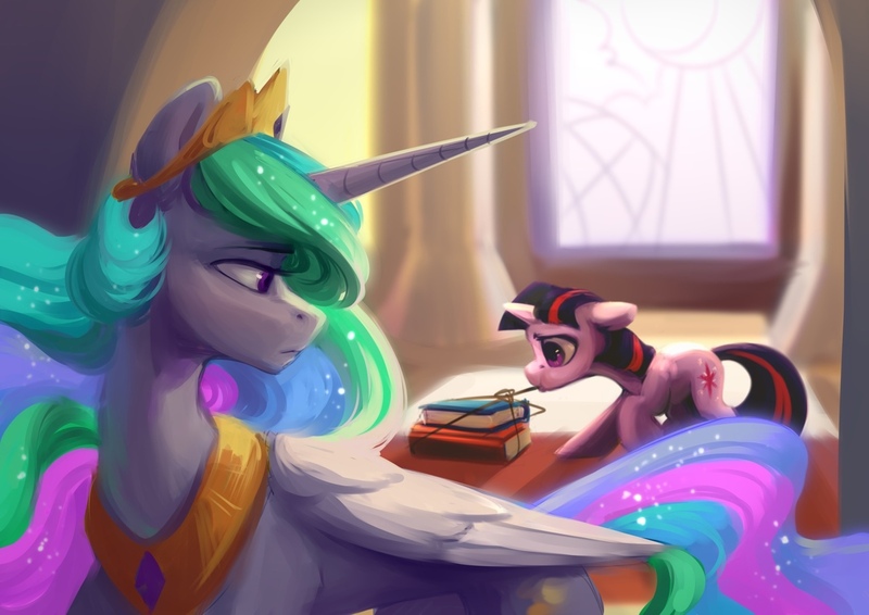 Size: 1280x906 | Tagged: safe, artist:jewellier, derpibooru import, princess celestia, twilight sparkle, alicorn, pony, unicorn, g4, 2022, book, description is relevant, duo, female, filly, filly twilight sparkle, foal, image, jewelry, jpeg, mare, old art, regalia, rubronycon, unicorn twilight, younger