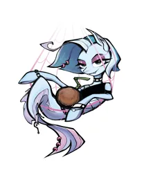 Size: 1500x1800 | Tagged: safe, artist:jehr, derpibooru import, oc, oc:lumi (aurorafest), unofficial characters only, merpony, pony, sea pony, accessory, aurorafest, bamboo, blue body, bobcut, bracelet, chain, choker, clothes, coconut cup, convention mascot, cute, cute little fangs, dorsal fin, drink, ears up, eyelashes, eyeshadow, fangs, female, fin, fin ears, fin piercing, fish tail, fishing hook, fishnet clothing, gradient ears, hairclip, hammock, hook, image, jewelry, lidded eyes, looking at you, lying down, makeup, mascot, net, on back, piercing, png, punk, relaxing, ring, short hair, simple background, smiling, smiling at you, solo, straw, studded bracelet, studded choker, tail, tail piercing, tail ring, teal eyes, two toned hair, two toned mane, underhoof, underwater, water, white background